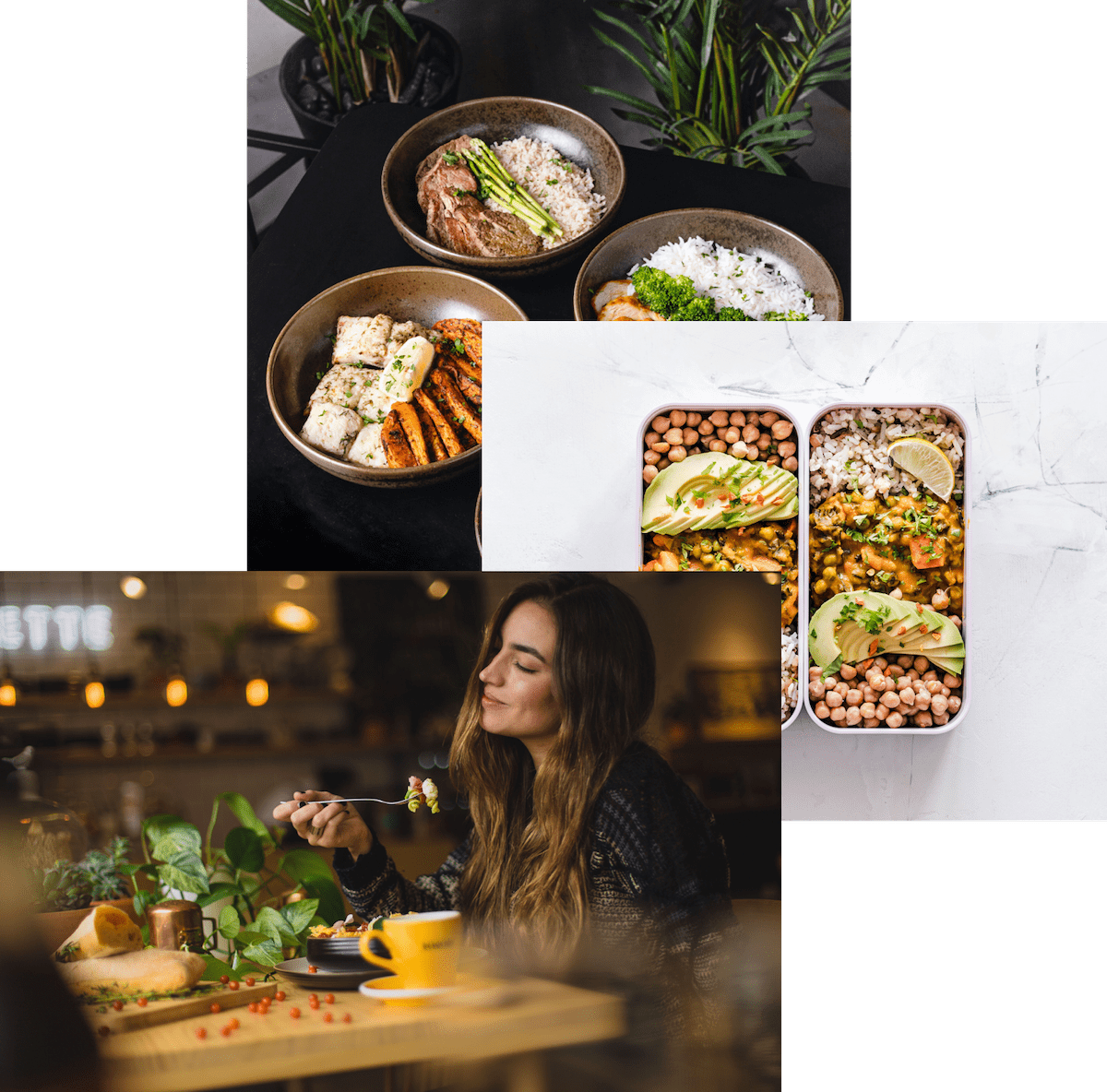 Woman enjoying food, 
            meals in storage container, 
            and food bowls on a table